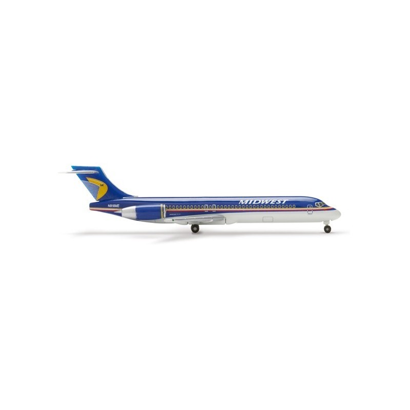 Model redukcyjny Boeing 717-200, skala 1:500, Herpa. Malowanie Midwest Airlines, detale linii lotniczej.