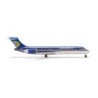 Model redukcyjny Boeing 717-200, skala 1:500, Herpa. Malowanie Midwest Airlines, detale linii lotniczej.
