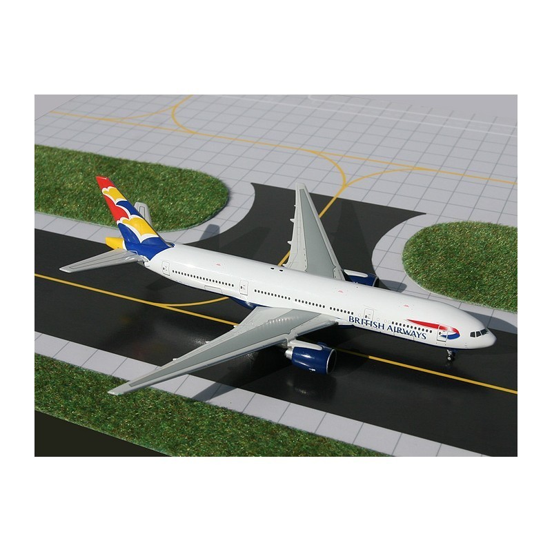 Model redukcyjny Boeing 777-200, skala 1:400, GeminiJets. Biały kadłub z logo British Airways.