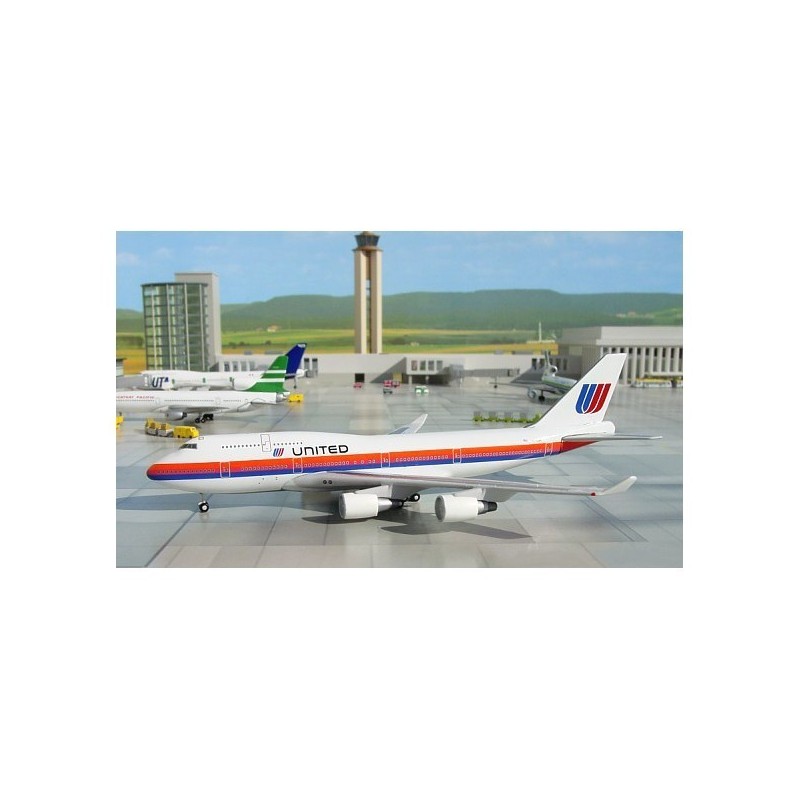 Model redukcyjny Boeing 747-400 United, skala 1:400, metalowy. Malowanie linii United, detale rejestracji N187UA.