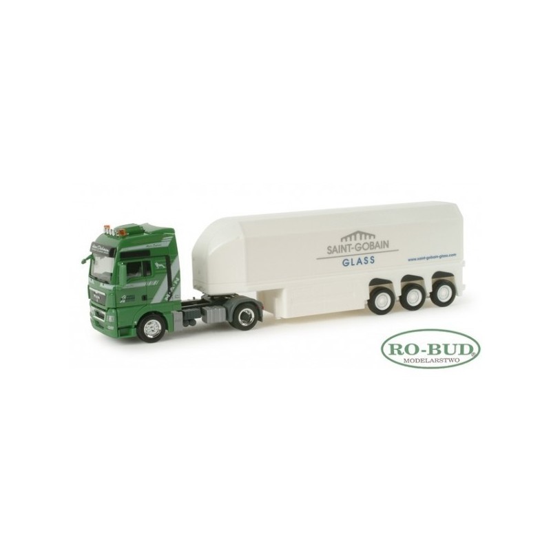 Model pojazdu MAN TGX XXL glass transporter semitrailer â€žDahmen / Saint Gobain" marki Herpa HE156264