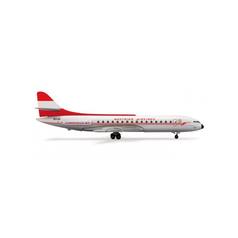 Model redukcyjny Sud Aviation Caravelle Austrian Airlines, skala 1:500, HERPA. Biały kadłub z czerwonymi akcentami.