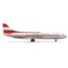 Model redukcyjny Sud Aviation Caravelle Austrian Airlines, skala 1:500, HERPA. Biały kadłub z czerwonymi akcentami.