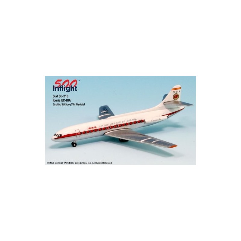 Model redukcyjny Iberia Caravelle, skala 1:500, producent 500 Inflight. Biały kadłub, czerwony pasek, logo Iberia.