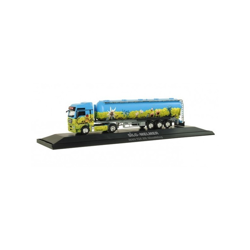 Model pojazdu MAN TGX XXL "Melmer / Alpflowers" (A) (naczepa cysterna silos) (1/87H0 marki Herpa HE121125