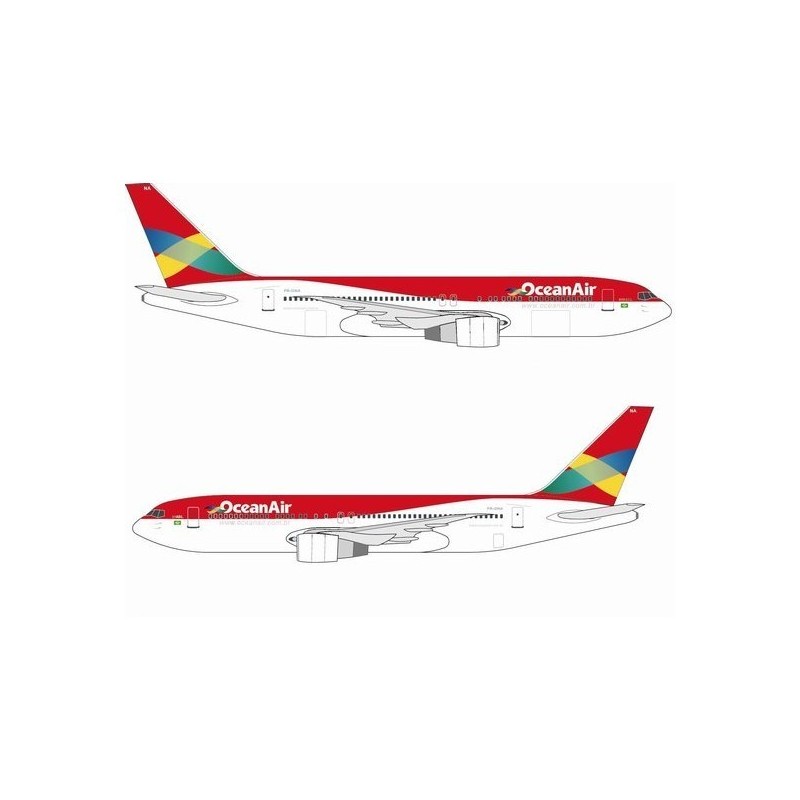 Model redukcyjny Boeing 767-300, skala 1:400, Ocean Air. Czerwono-biały kadłub, kolorowy ogon.