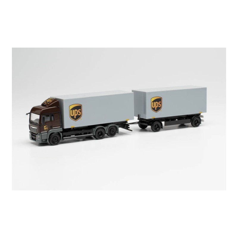 Model pojazdu MAN TGS LX WECHSELKOFFER-HÄNGERZUG "UPS" marki Herpa HE313667