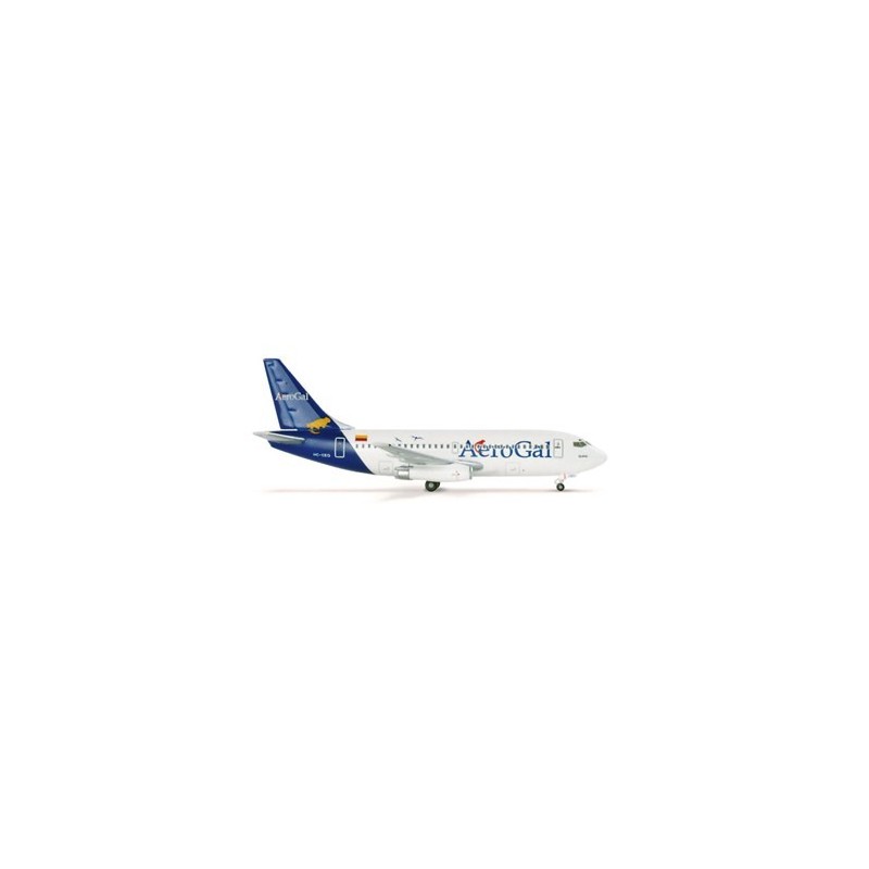 Model AeroGal Boeing 737-200, skala 1:400, Herpa. Biały kadłub, niebieski ogon, logo AeroGal.