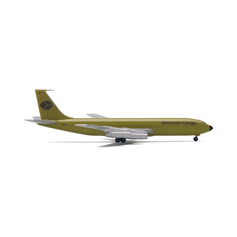 Model redukcyjny Boeing 707-300F German Cargo, skala 1:400, HERPA. Żółty kadłub, logo i detale.