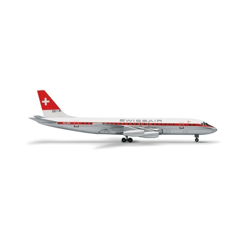 Model redukcyjny Swissair Douglas DC-8-50, skala 1:500, HERPA. Biały kadłub, czerwone paski, logo Swissair.