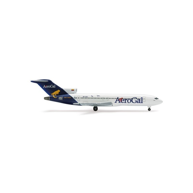 Model samolotu AeroGal 727-200, skala 1:500, Herpa. Biały kadłub, niebieski ogon z żółtym lwem i logo AeroGal.