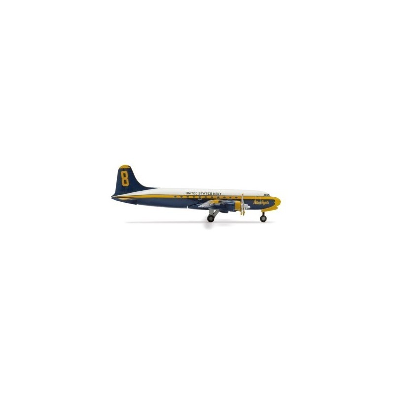 Model redukcyjny USMC DC-4/R5D "Blue Angels", skala 1:500, Herpa. Malowanie w kolorach Navy, żółtym i białym.
