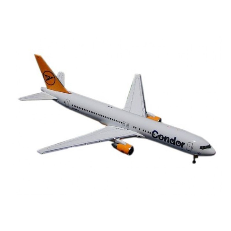 Model redukcyjny Boeing 767-300 Condor, skala 1:400, GeminiJets. Biały kadłub, pomarańczowy ogon i silniki, logo Condor.