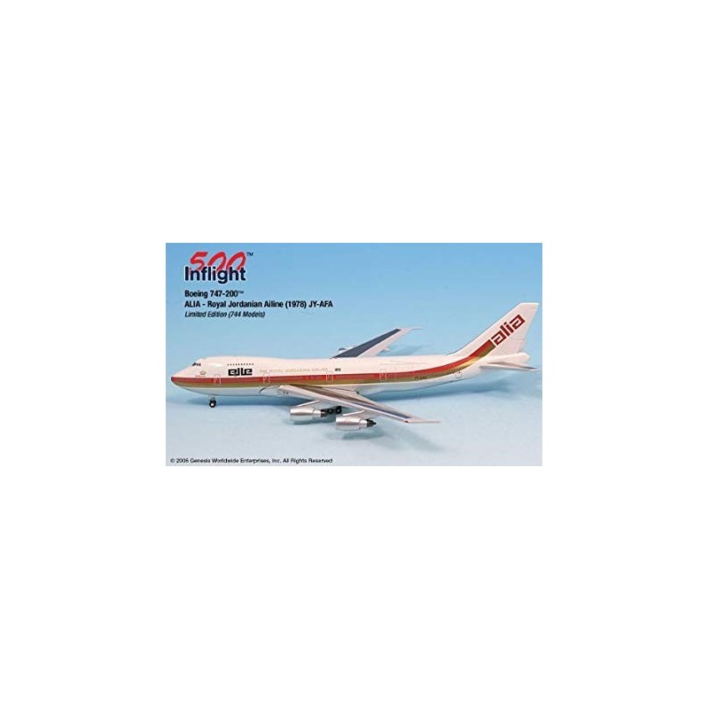 Model redukcyjny Boeing 747-200M Alia, skala 1:500, producent Inflight. Malowanie Royal Jordanian Airline z 1978.
