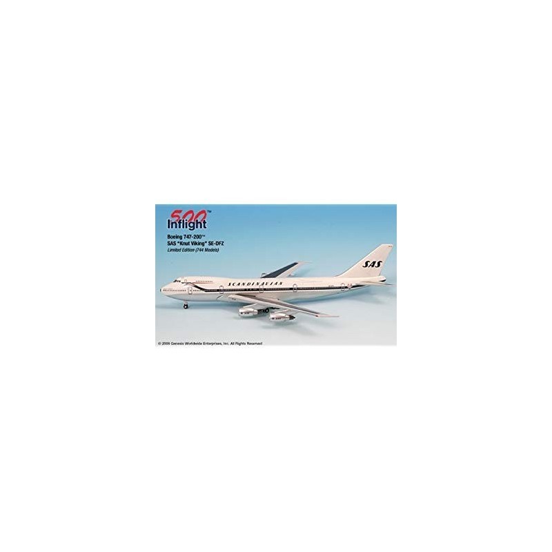 Model redukcyjny Boeing 747-200, skala 1:500, Inflight. Biały kadłub, logo SAS.