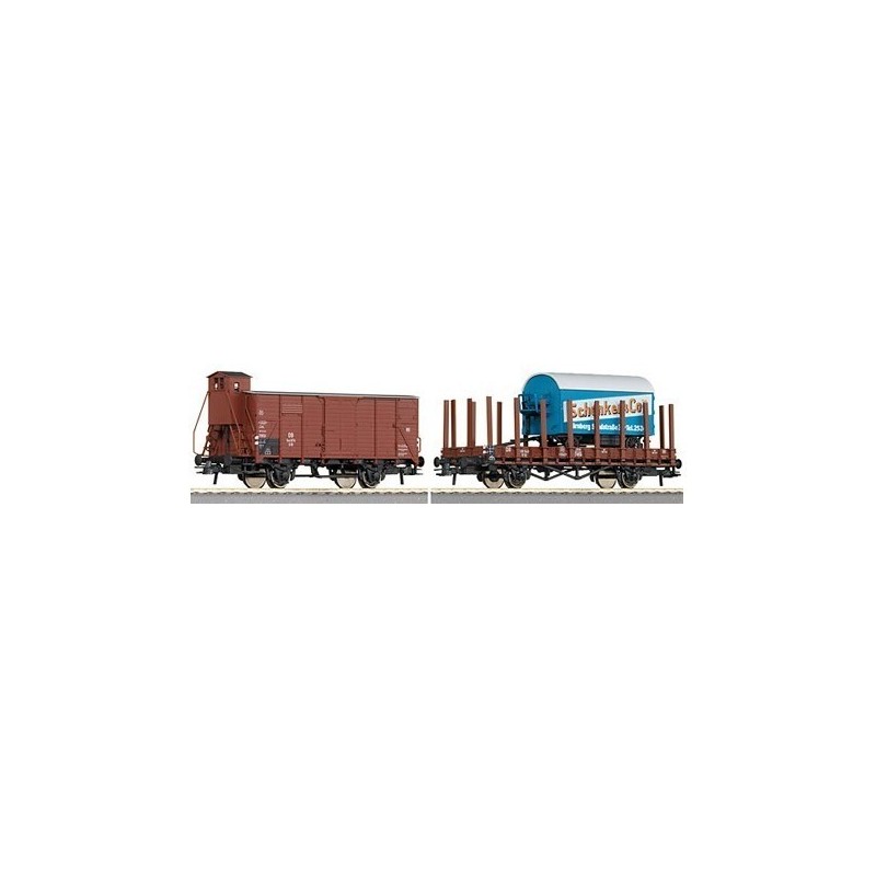 Zestaw wagonów towarowych "Schenker" DB, skala 1:87, Roco. Czerwono - niebieski, z logotypem Schenker.