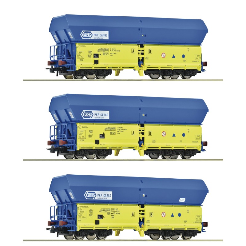 ROCO 6600136 wagony samowyładowcze Falns PKP Cargo H0 1:87, niebiesko-żółte malowanie, oznaczenia PKP Cargo, zestaw 3 sztuk