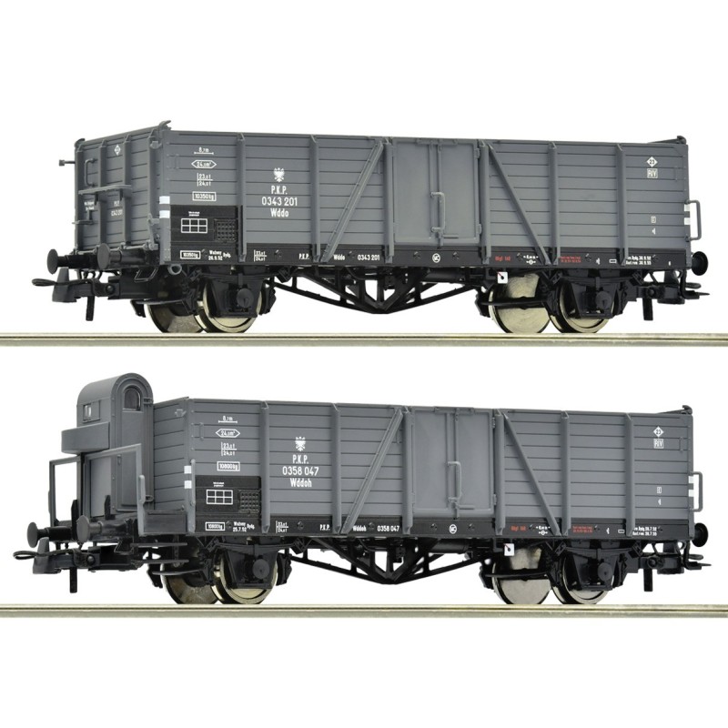Zestaw 2 wagonów towarowych Roco 6600216 H0, szare wagony PKP z epoki III drobne napisy eksploatacyjne i realistyczne podwozie.