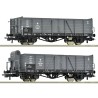 Zestaw 2 wagonów towarowych Roco 6600216 H0, szare wagony PKP z epoki III drobne napisy eksploatacyjne i realistyczne podwozie.