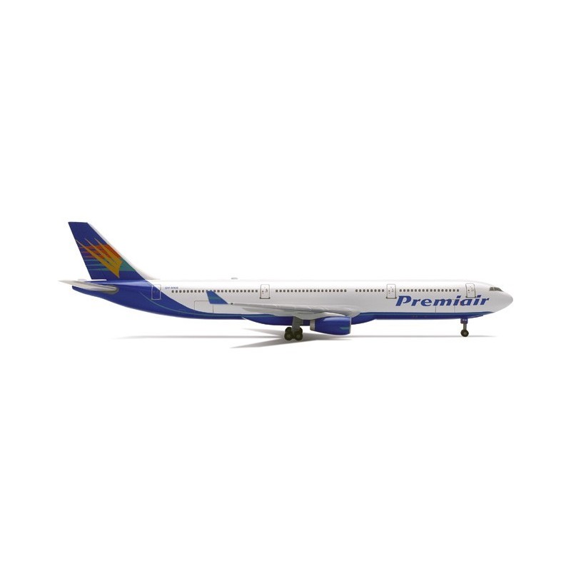 Model samolotu Airbus A330-300, skala 1:400, Herpa. Biały kadłub, niebieski spód, ogon z kolorowym motywem, logo Premiair.