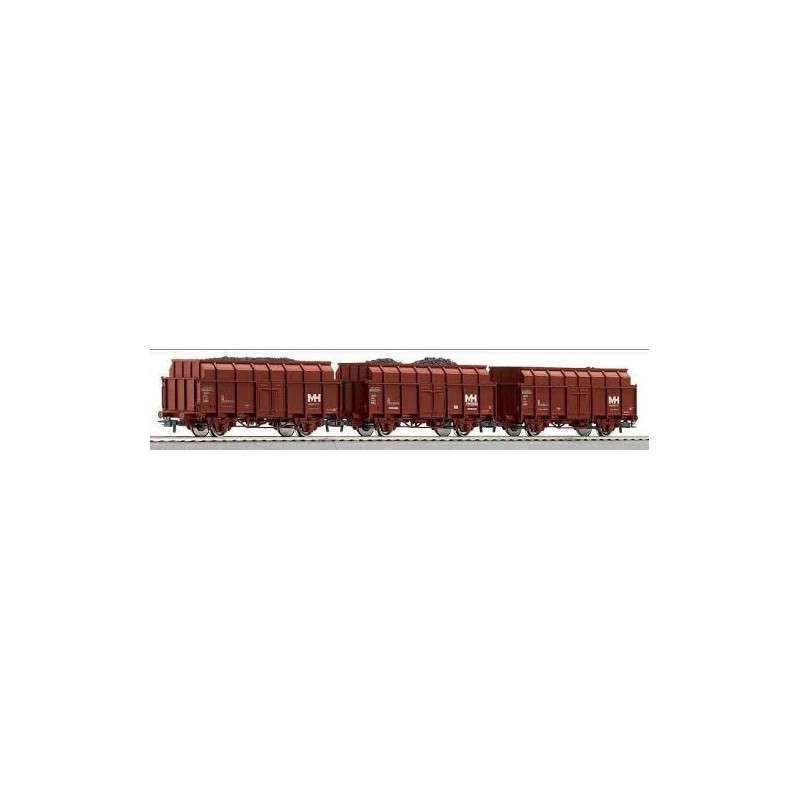 Zestaw 3 otwartych wagonów towarowych do transportu koksu DB, skala 1:87, Roco.