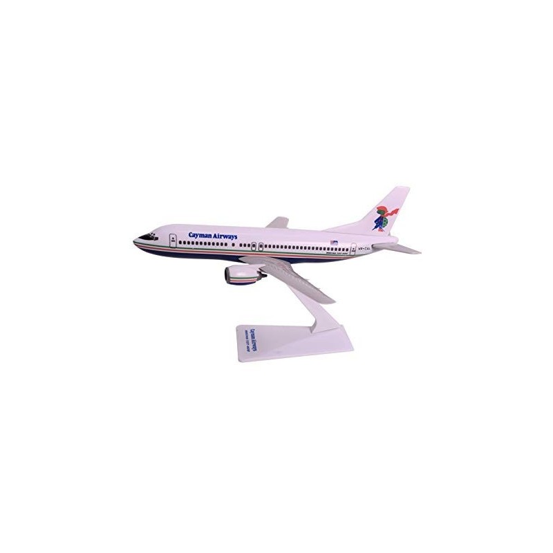 Model Cayman Airways Boeing 737-400, skala 1:500, Herpa. Biały kadłub, kolorowe paski i logo linii lotniczej.