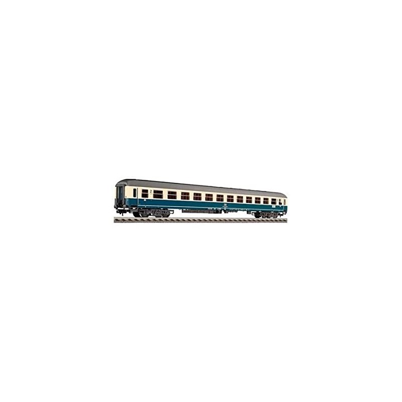Model redukcyjny wagonu pasażerskiego Intercity Express, zielono-biały, z szarym dachem.