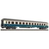 Model redukcyjny wagonu pasażerskiego Intercity Express, zielono-biały, z szarym dachem.