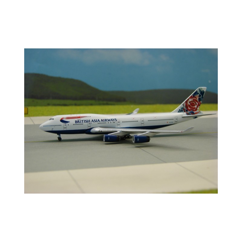 Model samolotu Boeing 747-400, skala 1:500, British Asia Airways, biały kadłub z czerwono-niebieskim ogonem i logo.