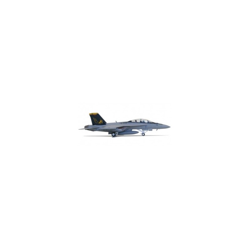 Model VFA-32 Boeing F/A-18F "Swordsmen" w skali 1:72, HERPA. Szary myśliwiec z czarno-żółtym ogonem i amerykańskimi oznaczeniami
