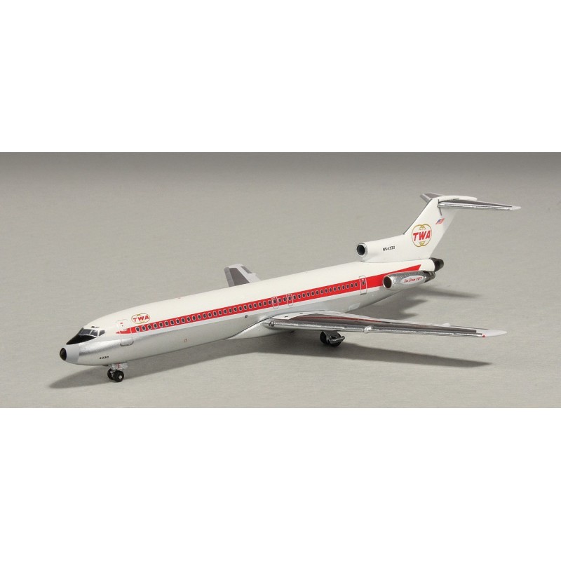 Model redukcyjny Boeing 727-200, skala 1:500, TWA, biały z czerwonymi akcentami.