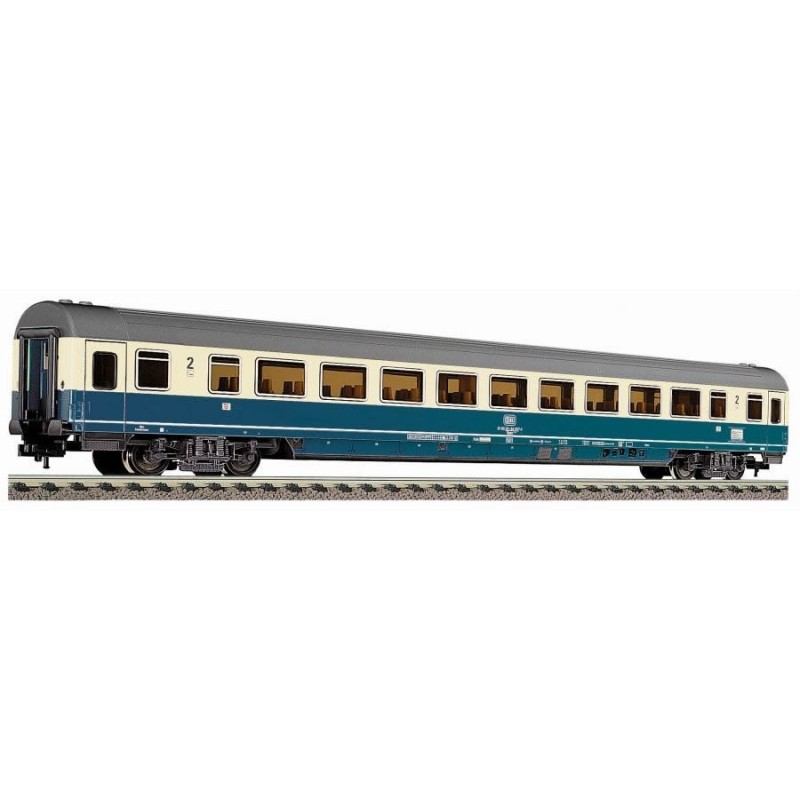Model redukcyjny wagonu osobowego FLA5614, skala 1:87. Niebiesko-biały, gotowy do użycia.