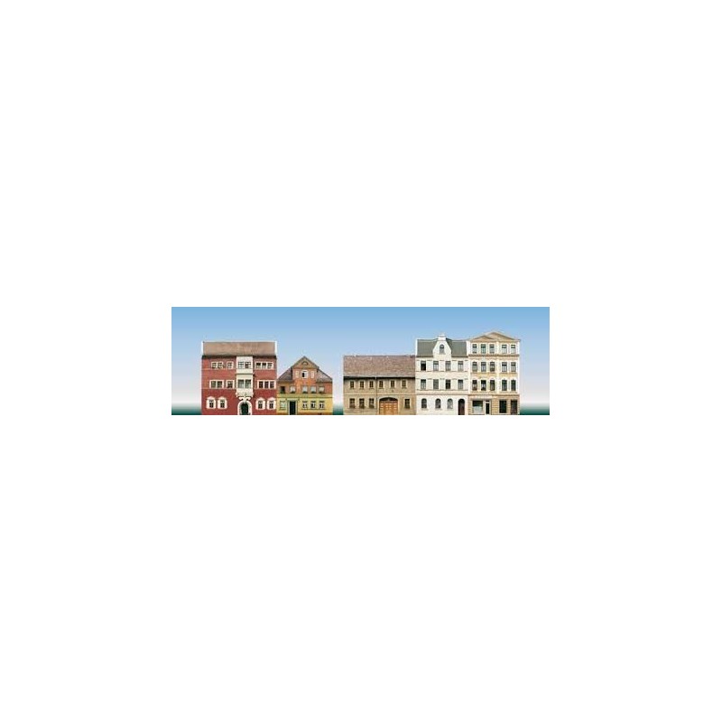 5 miejskich domów fasadowych, skala 1:87 i 1:120, detaliczne wykonanie, różne kolory i detale architektoniczne.