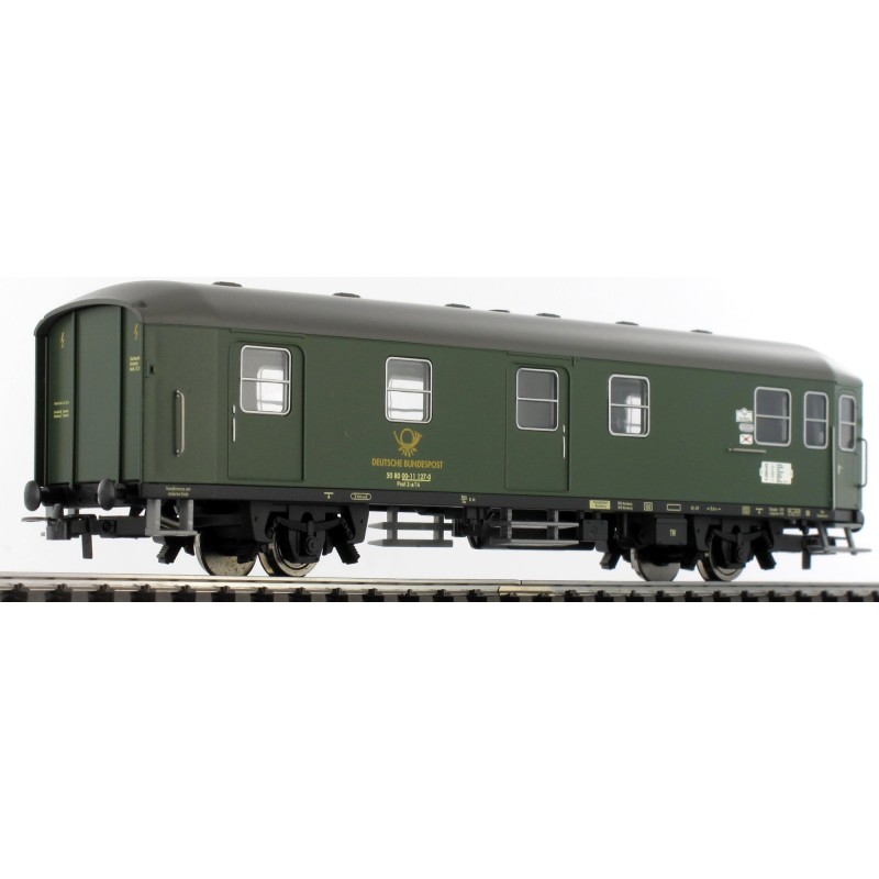 Model redukcyjny wagonu osobowego HL6011, skala 1:87, zielony z czarnym dachem, logo Deutsche Bundespost.