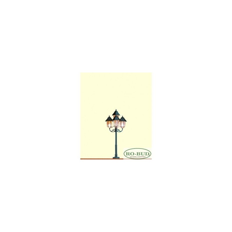 Lampa uliczna 4-ramienna, skala 1:87, Ro-Bud. Zielony słup, 4 lampy z czerwonymi kloszami.