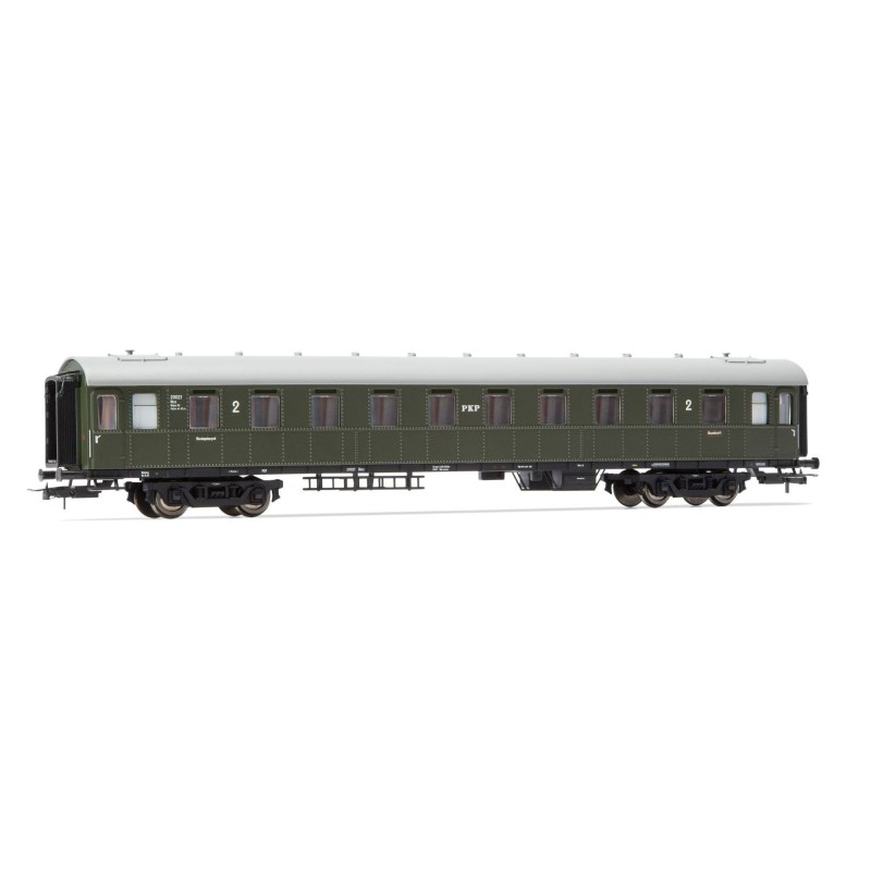 Wagon pasażerski 2 kl. PKP 20021 serii Bhxz, skala H0, Rivarossi. Zielony, 8 okien, numer 2.