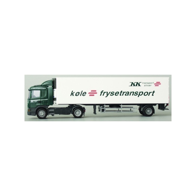 Model redukcyjny Scania "4" R, skala 1:87, AWM. Zielona kabina, biała naczepa z logotypem "kole frysetransport".
