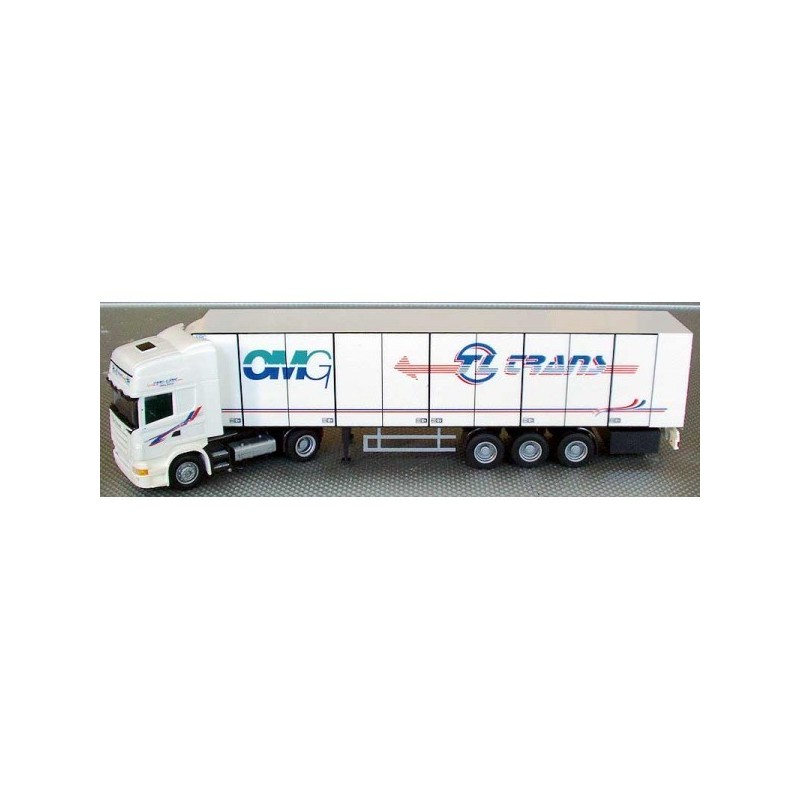 Model Scania "R" Topl. / Aerop. - Kühl-KSZ, AWM, biały, naczepa chłodnia, logo OMG i TRANS.