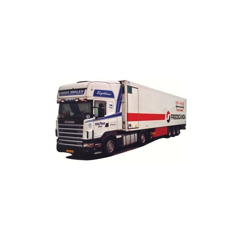 Model redukcyjny Scania "4" R, skala 1:87, AWM. Biała i czerwona chłodnia z logo Frigoscandia.