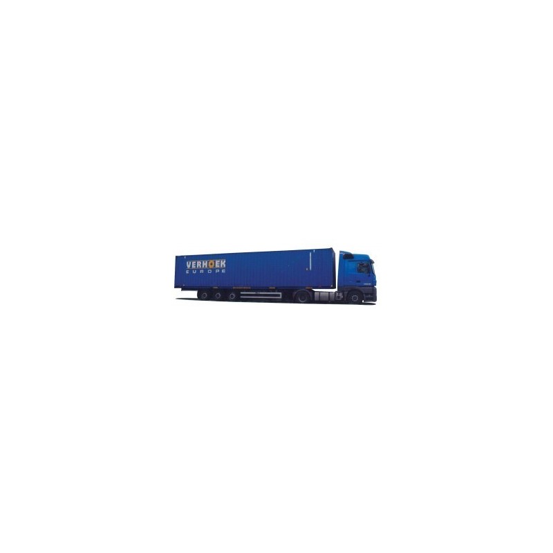 Mercedes-Benz Actros MP2, skala 1:87, AWM. Niebieska naczepa z napisem Verhoek Europe.