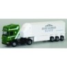 Model Scania "R" w skali 1:87, AWM. Zielony kabiną, biała naczepa z logotypem Saint-Gobain Glass.