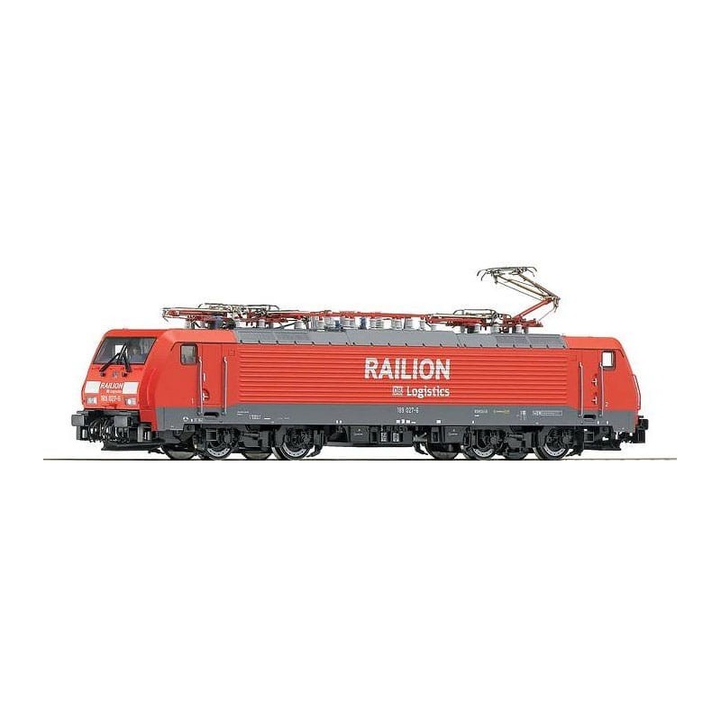 Lokomotywa elektryczna ROCO 62432, skala 1:87, czerwona z szarym pasem, logo Railion Logistics.