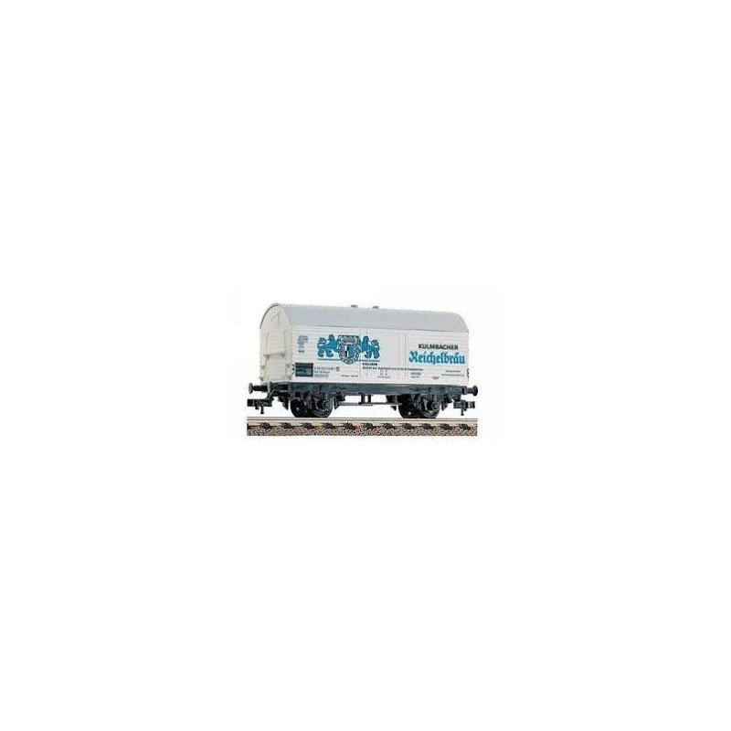 Wagon towarowy Fleischmann 5046, skala 1:87, biały z niebieskim malowaniem i napisem "Kulmbacher Metzgerbräu".