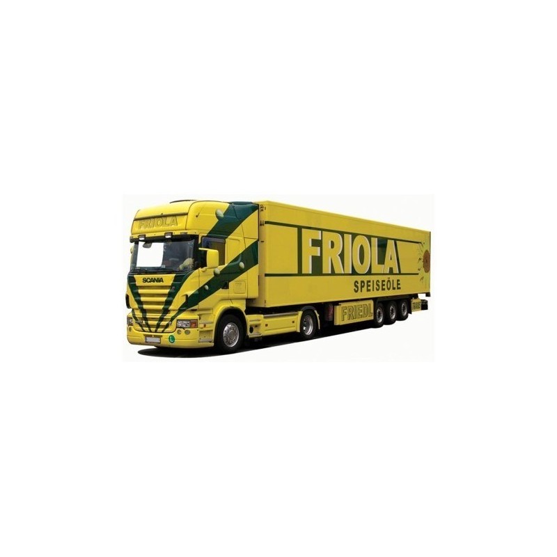 Model Scania "R" Topl. / Aerop. - Kühl-KSZ, skala 1:87, AWM54185. Żółty z zielonymi paskami, naczepa chłodnia Friola.