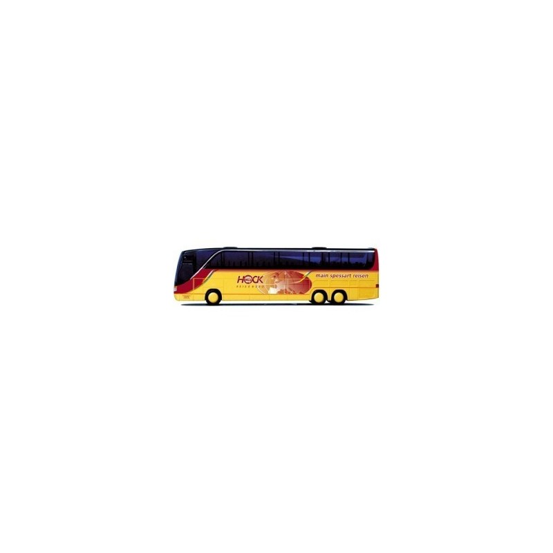 Model redukcyjny autobusu SETRA S 417 HDH, skala 1:87, AWM. Żółty z czerwonymi akcentami i czarnymi szybami.
