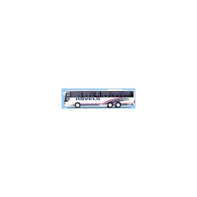Model redukcyjny autobusu Setra S 317 GT-HD, skala 1:87, AWM. Biały korpus, niebiesko-różowe pasy, logo HOVELS.