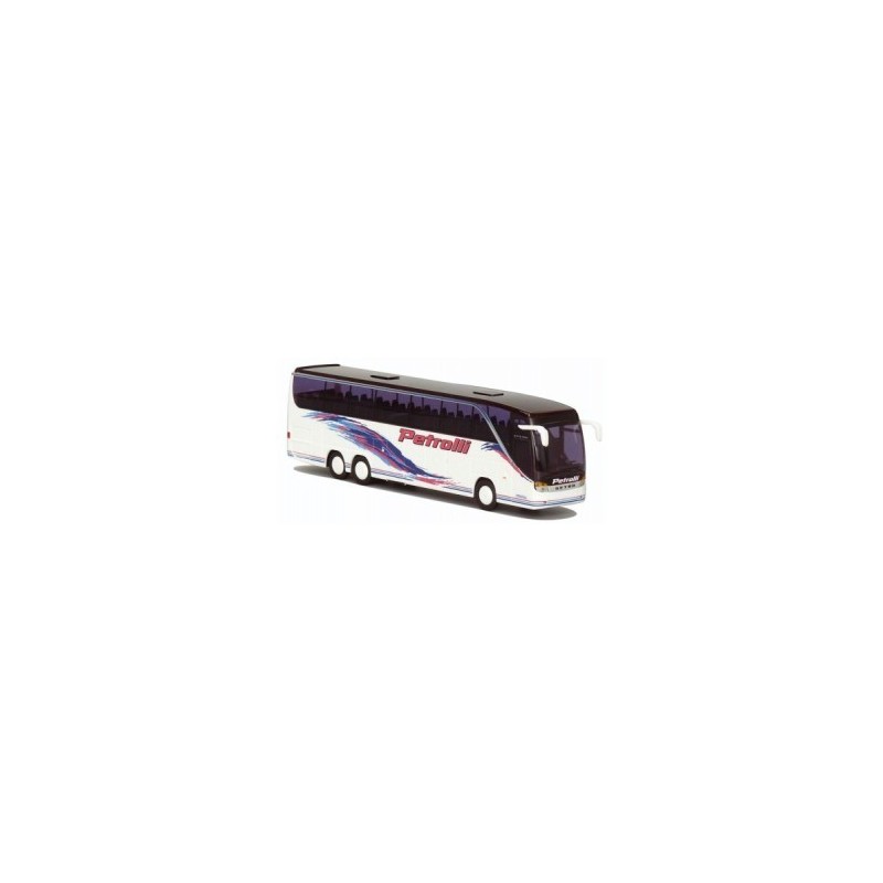 Model redukcyjny autobusu SETRA S 416 HDH, skala 1:87, AWM. Biały z czerwono-niebieswymi pasami i napisem "Petrolli".