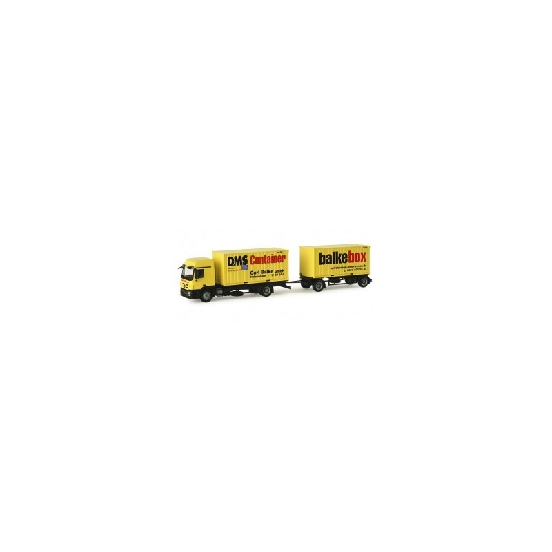 Model redukcyjny Mercedes Benz Actros L 08 "DMS-Balke", skala 1:87, HERPA. Żółty ciągnik siodłowy z naczepą kontenerową.