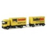 Model redukcyjny Mercedes Benz Actros L 08 "DMS-Balke", skala 1:87, HERPA. Żółty ciągnik siodłowy z naczepą kontenerową.