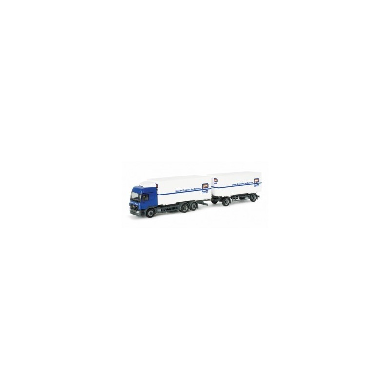 Model redukcyjny Mercedes-Benz Actros L "Pracht Logistik", skala 1:87, Herpa. Biały kontener, niebieska kabina, logo firmy logis